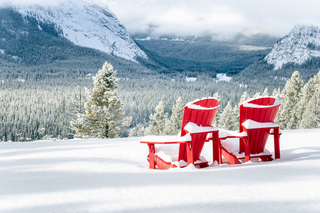 Red Adirondack Chairs Snowy Winter Jasper