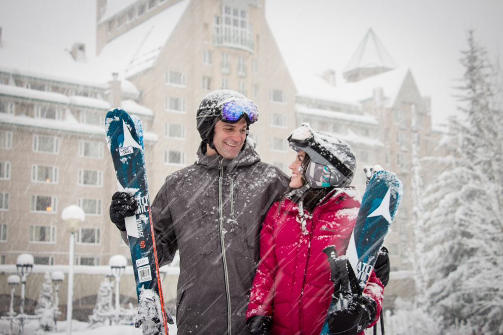 A Couple experiencing ski-in, ski-out at Fairmont Chateau Whistler, part of Canada's top ski destinations