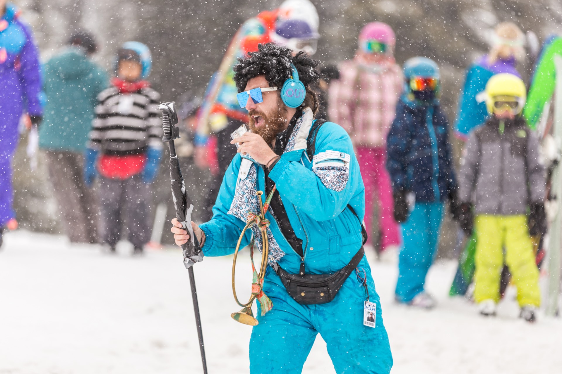 Jasper in Winter - Marmot Basin Ski Hill -Man in blue one-piece snowsuit at Retro Day 2022