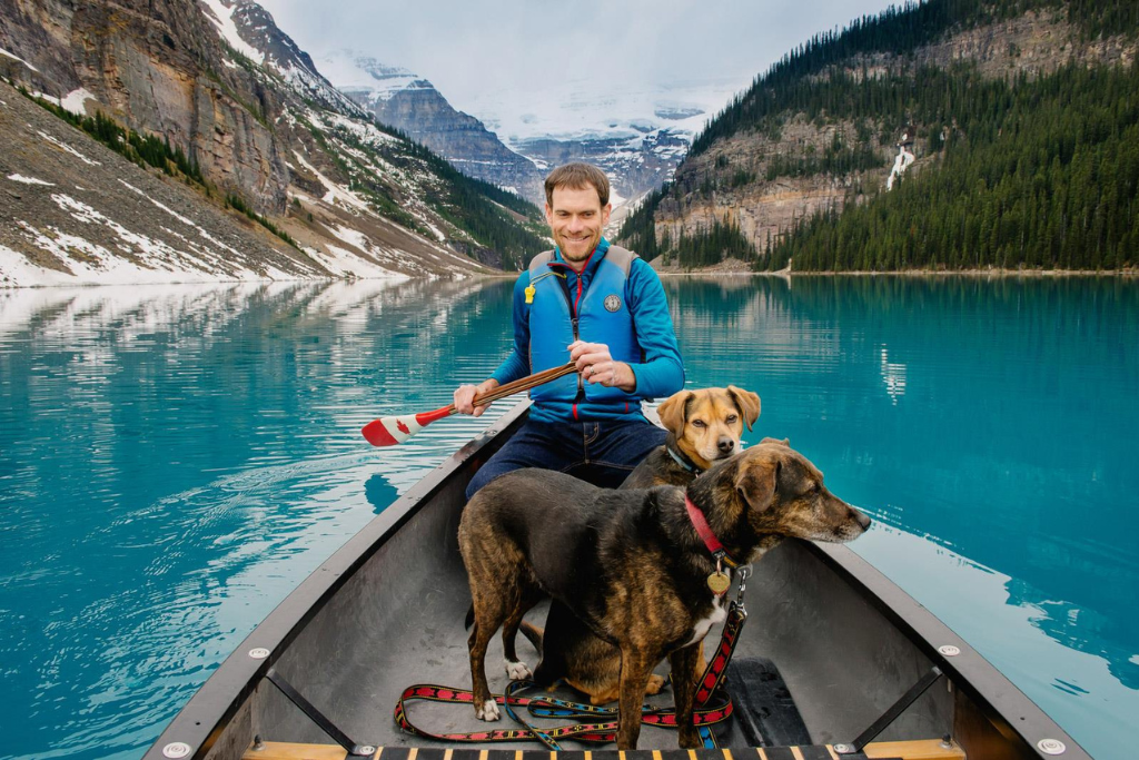 Canoeing with dogs on Lake Louise, CR Orange Girl Photograhy