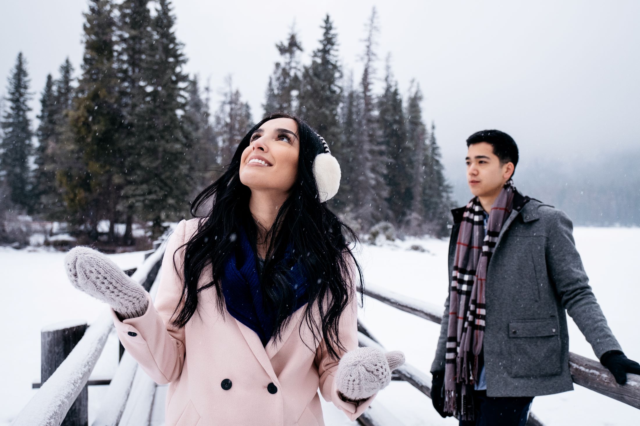 A couple on a romantic winter getaway in Jasper National Park