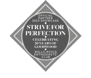 Greyscale logo starting at the top with Official Partner 2023 - Showcase Strive for Perfection - Celebrating 20 Years of Goodwood - Rolls-Royce Enthusiasts Club