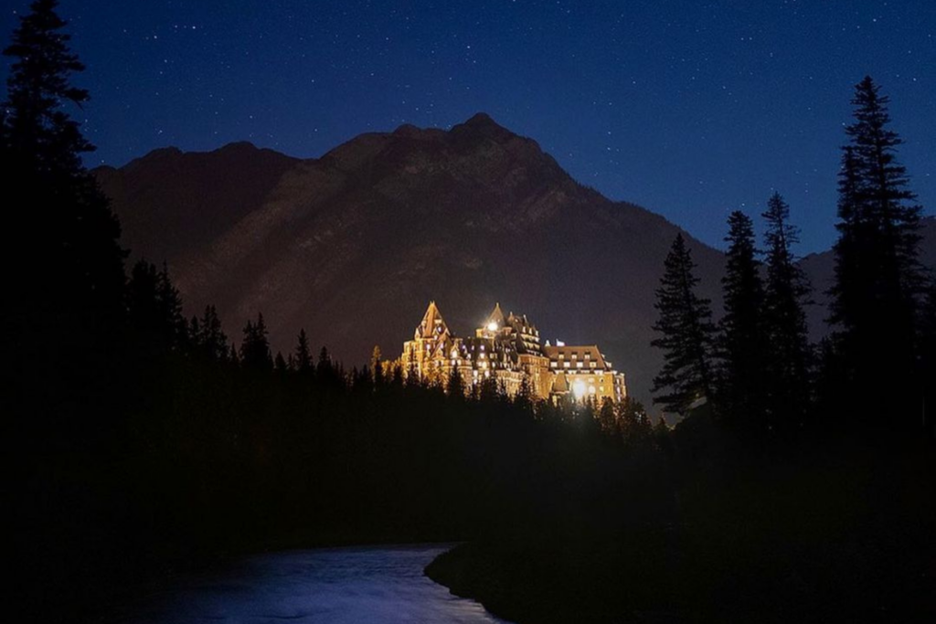 Banff Springs in Banff National Park under the starry sky.